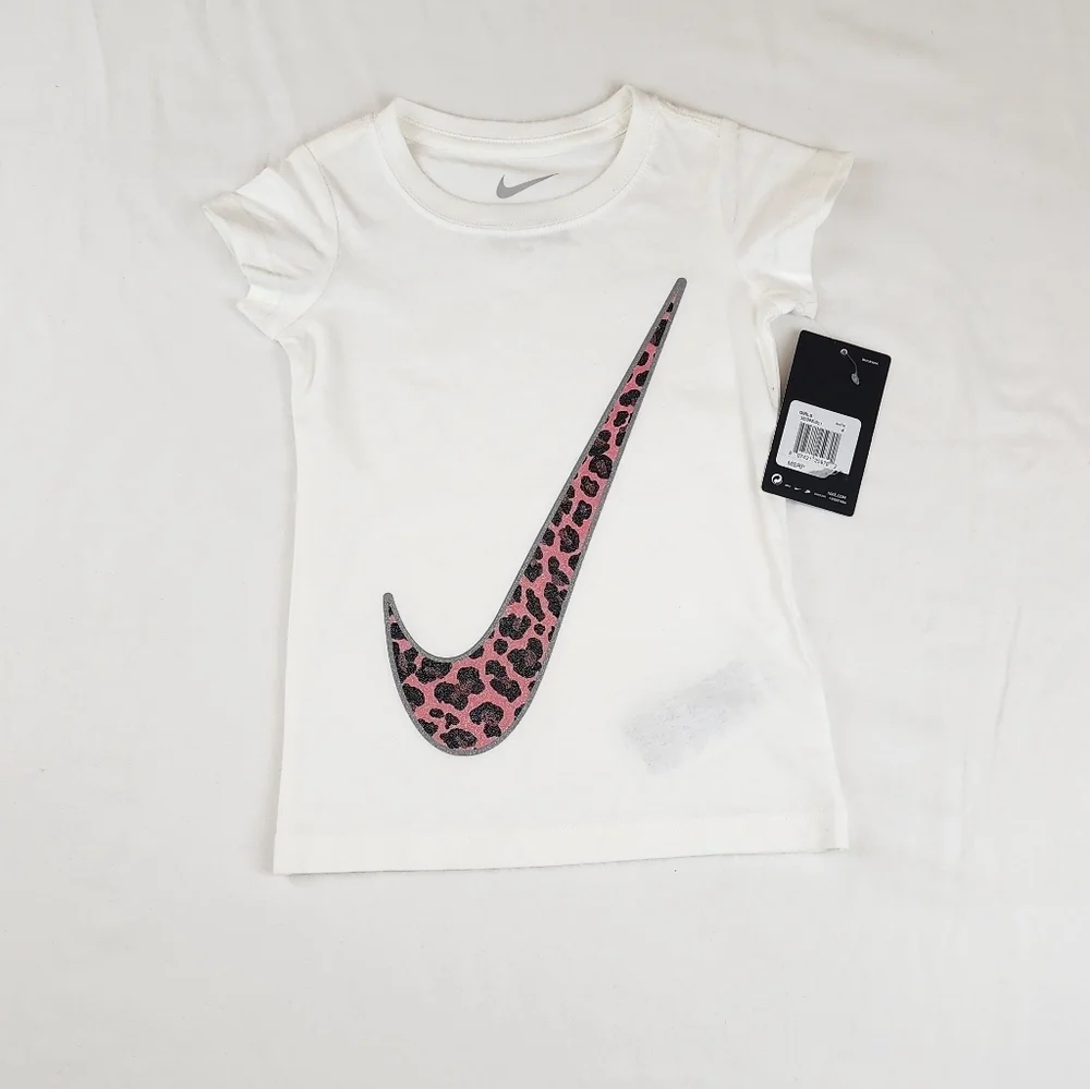 Nike White T-Shirt with Pink Leopard Swoosh